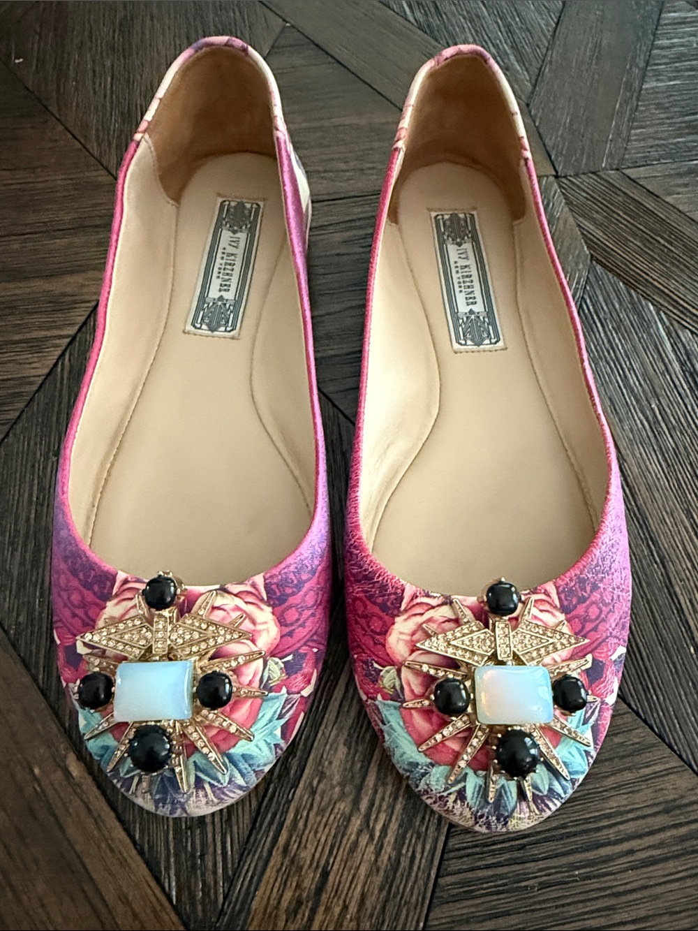 Ivy Kirzhner Signature Embellished Ballerina Flats Pink Floral Gold Hardware